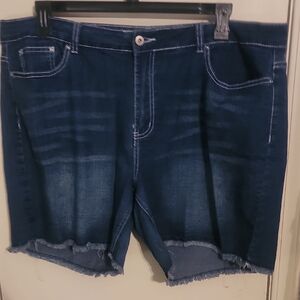 Dark Blue Denim Shorts with Frayed Hem